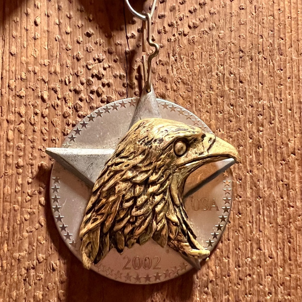 2002 Hallmark Keepsake 2 Dimensional Eagle in Star Ornament "Metal for America"